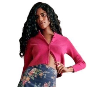 Sezane Kylie Cardigan Ribbed Knit Button Front Pink Women XL Cropped Fitted